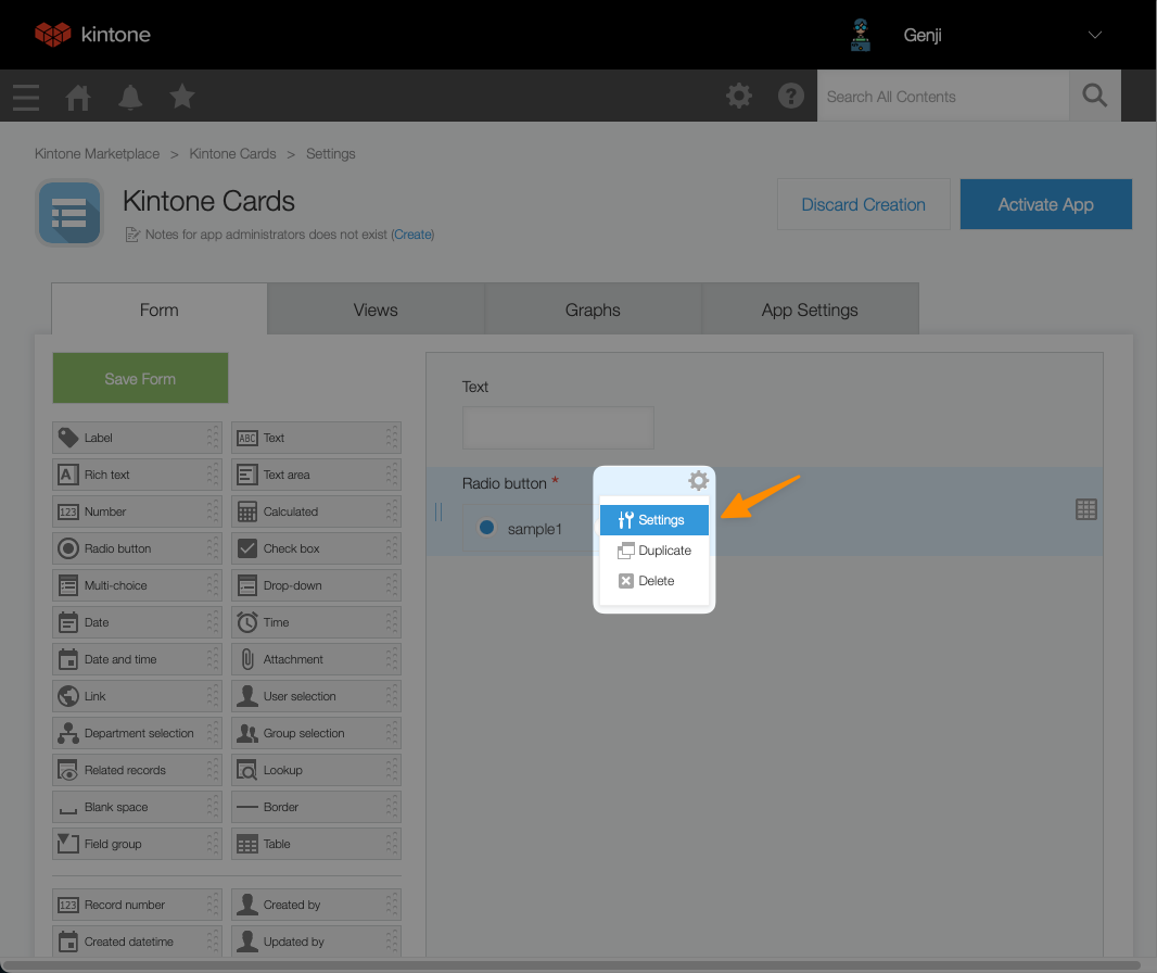 Hover over the Radio Button field gear > select the Settings option