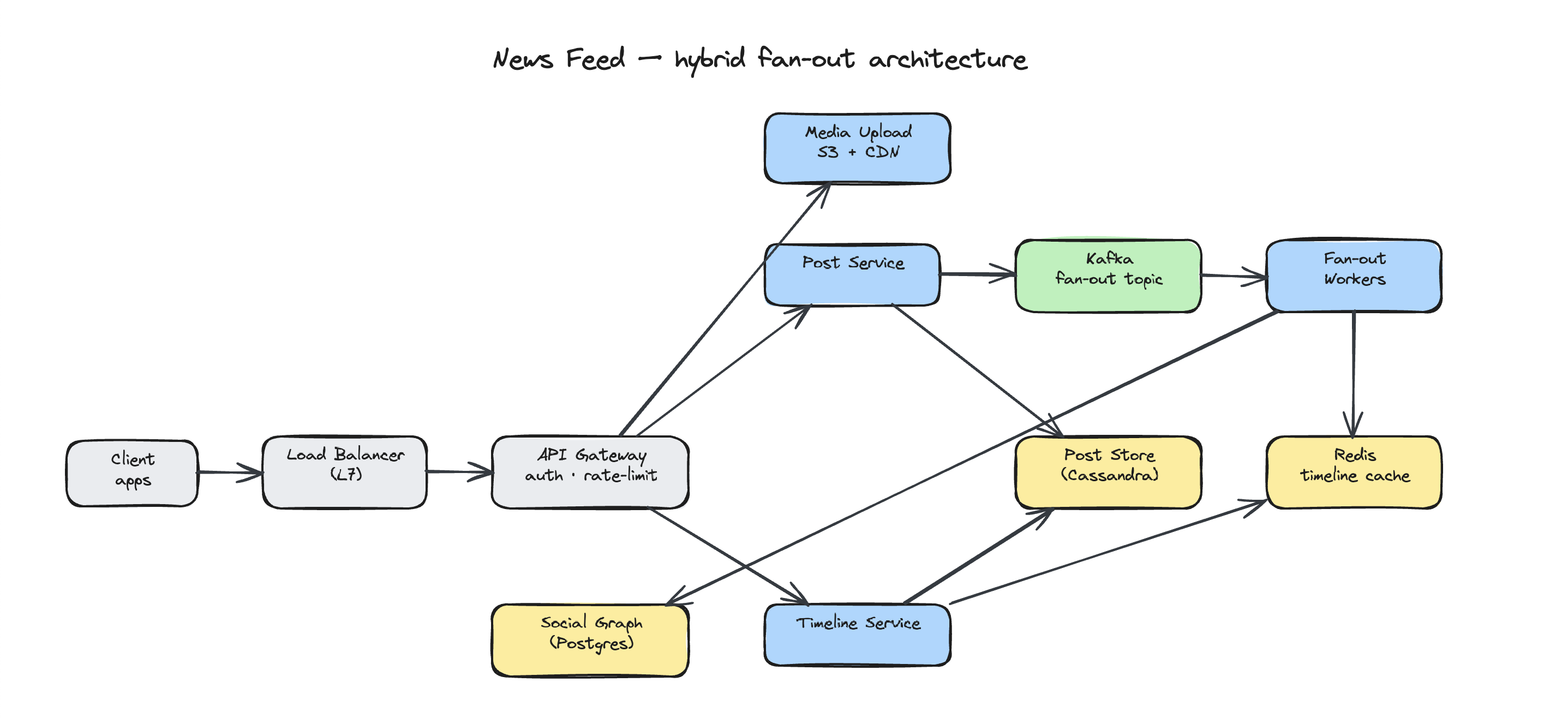 A news-feed fan-out architecture drawn on the local Excalidraw canvas