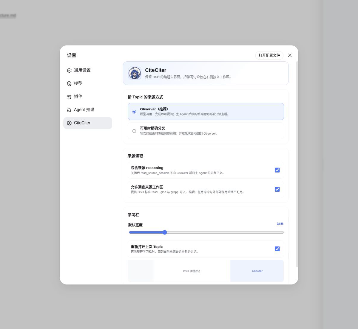 CiteCiter settings inside the native DSH settings dialog
