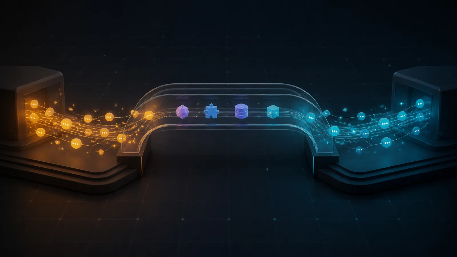 Abstract bridge carrying conversation nodes and software assets from an amber source environment into a cyan destination environment