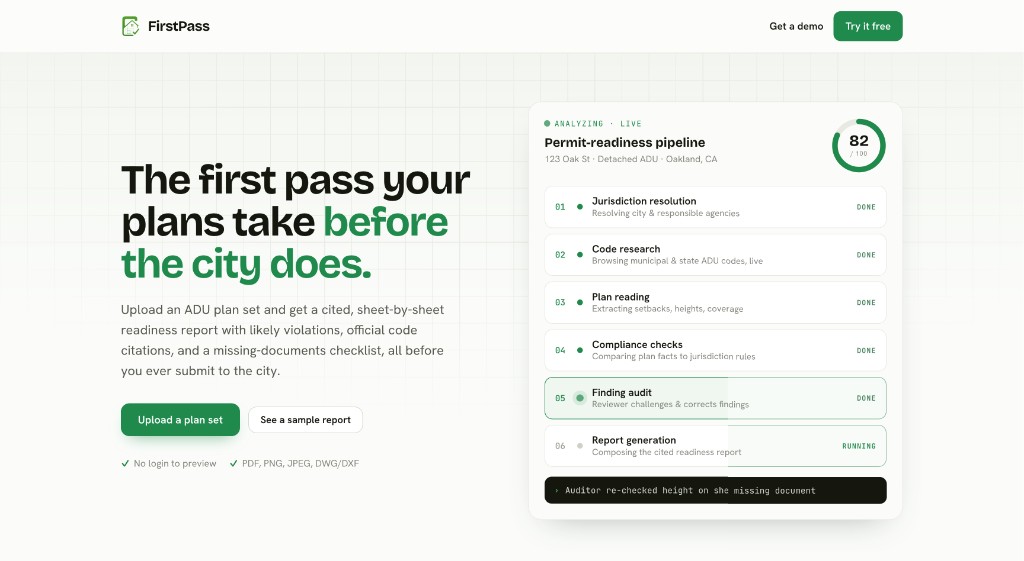 FirstPass landing page — permit-readiness pipeline