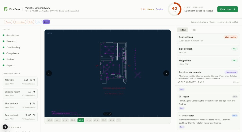FirstPass dashboard — plan viewer, extracted facts, compliance findings, and agent activity
