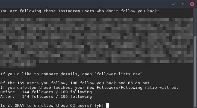 unofficial api ahmdrz goinsta to log in to your account pretending that it s an android device compares your followers and following lists - instagram following list