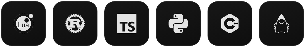 lua, rust, typescript, python, c++, java