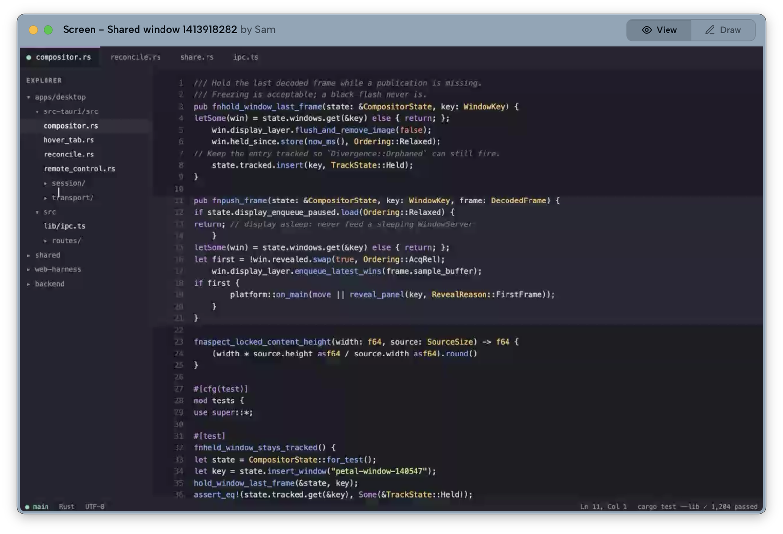 Petal shows a teammate's shared code window as a movable native desktop window instead of a tiled meeting pane