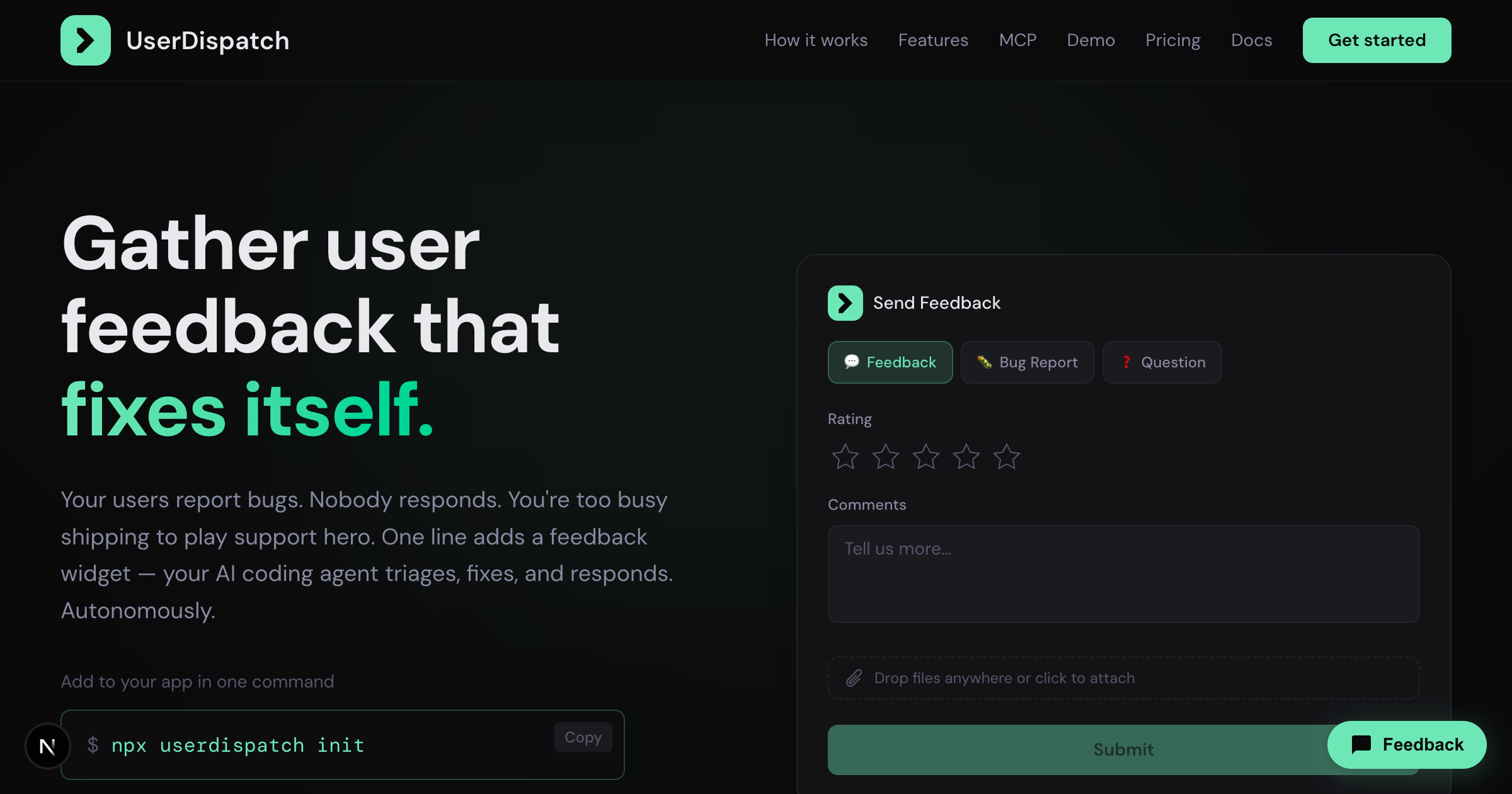 UserDispatch — feedback widget + MCP server for AI coding agents