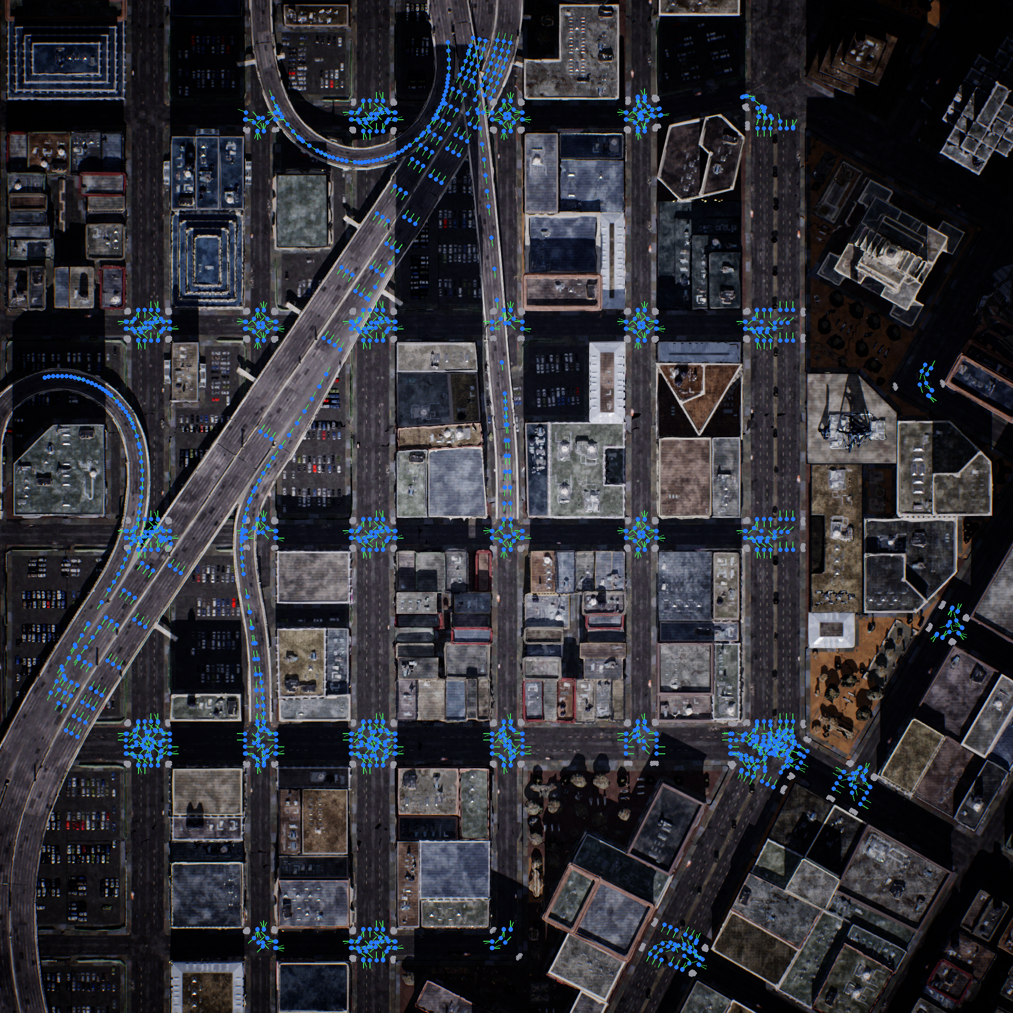 Road network detected from ZoneGraph: vehicle lanes in blue with travel-direction arrows, pedestrian lanes in grey
