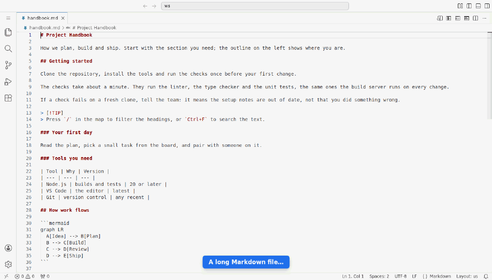 Opening a Markdown file as a web page: the outline, a click that jumps, skim mode and the heading filter