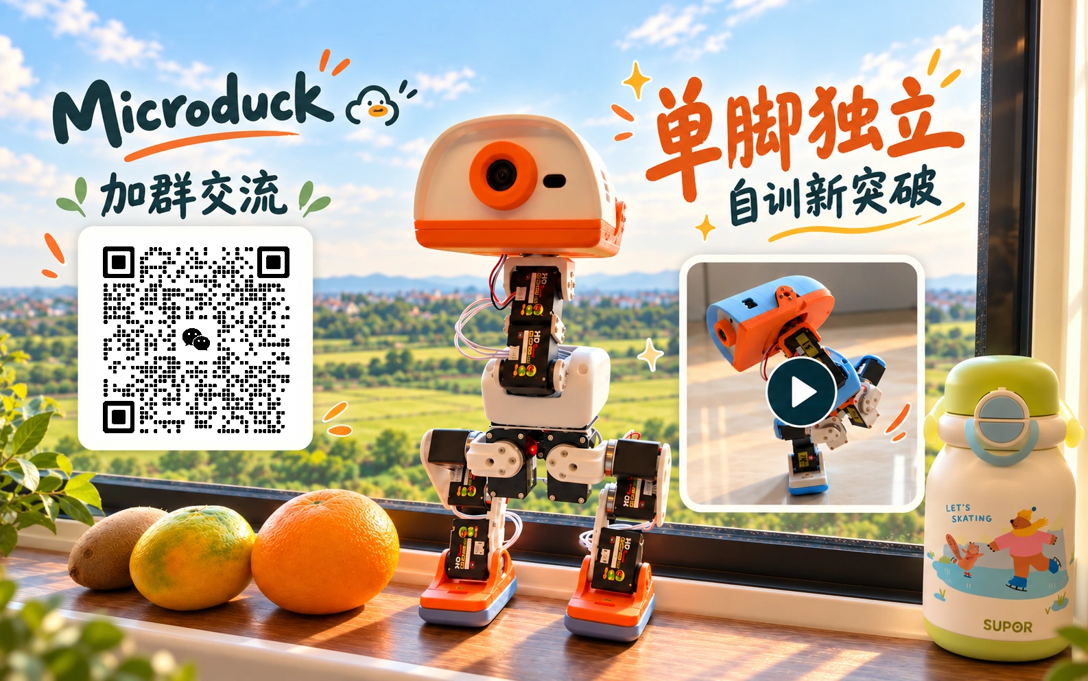 Microduck 单脚独立实机视频与微信交流群，点击图片观看视频，扫码加群交流