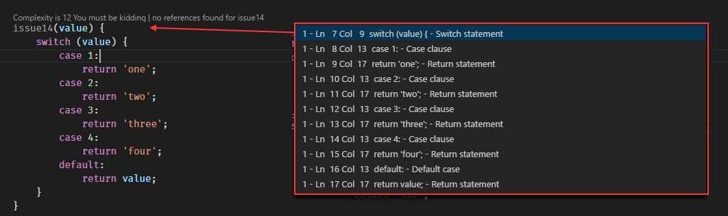 Metric details example, showing how one might check the overall complexity for a method by clicking on the codelens