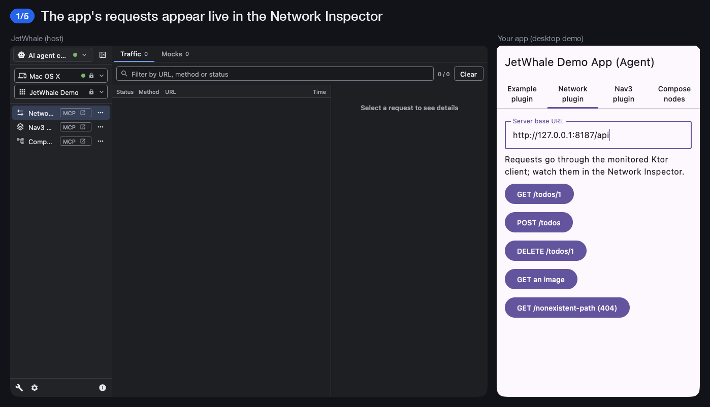 The JetWhale host window next to a desktop app it is debugging. The app's HTTP requests appear in the Network Inspector; one is mocked with an edited JSON body, and the app's next request gets the mocked response; then a screen is pushed from the Nav3 Navigator, and the app navigates to it.