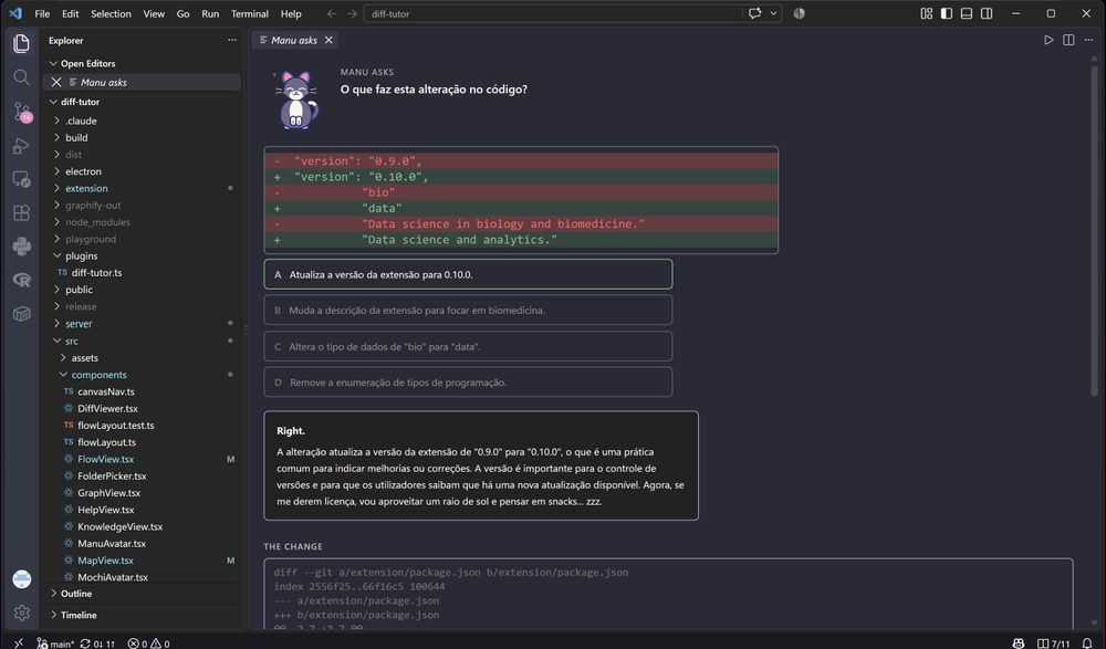Quiz panel with the cat asking about a code change