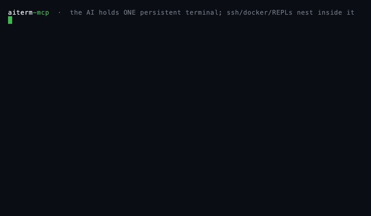 aiterm-mcp demo: pty_open, a token-reduced grep read, then a nested Python REPL — all in one persistent session