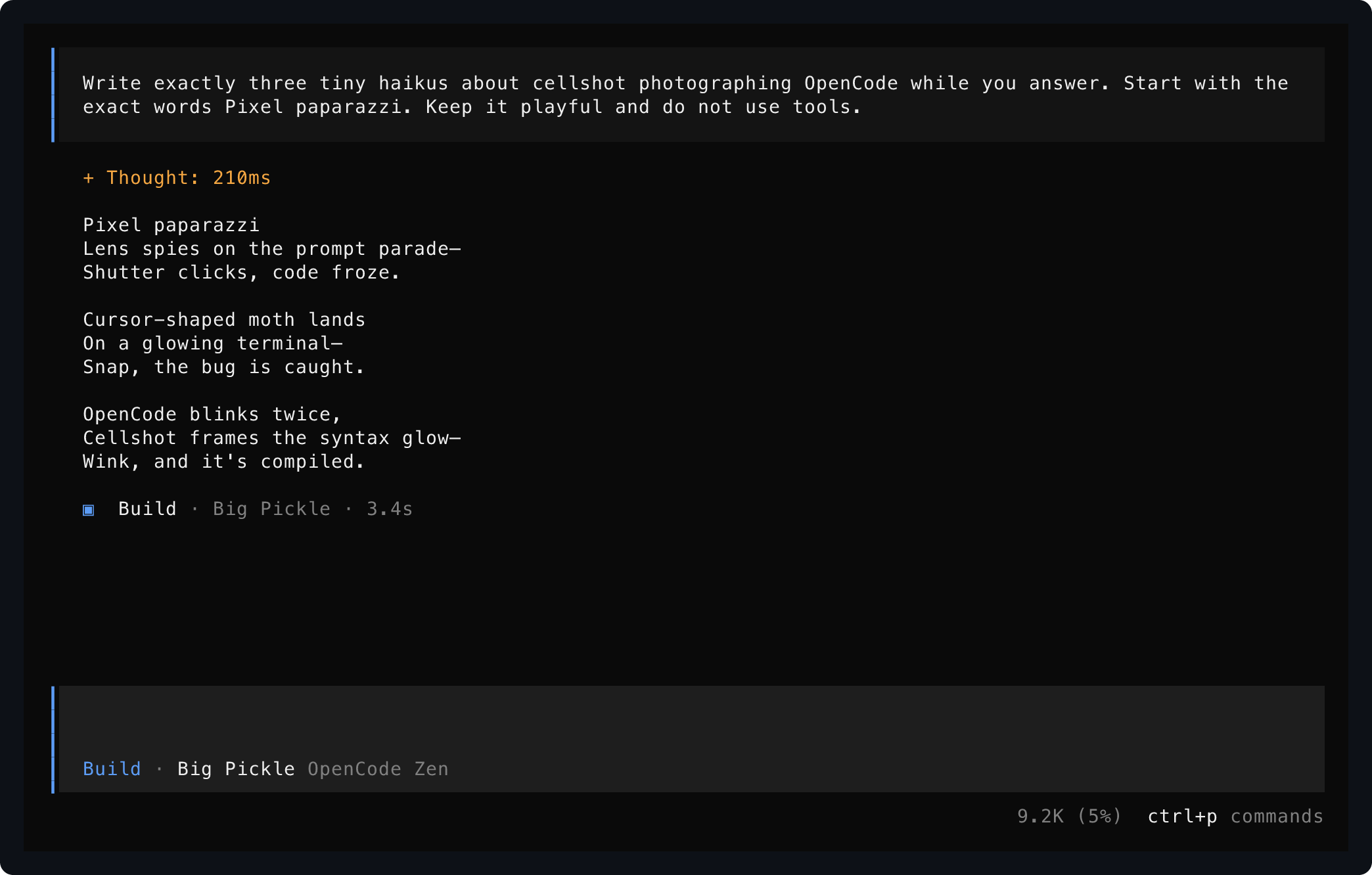 OpenCode answering a playful request for cellshot haikus