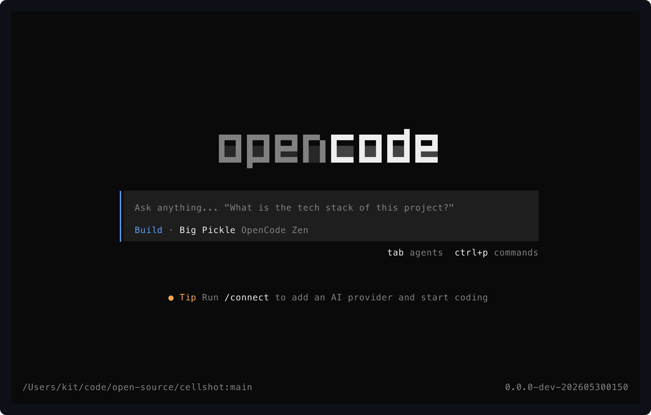 OpenCode home screen rendered by cellshot