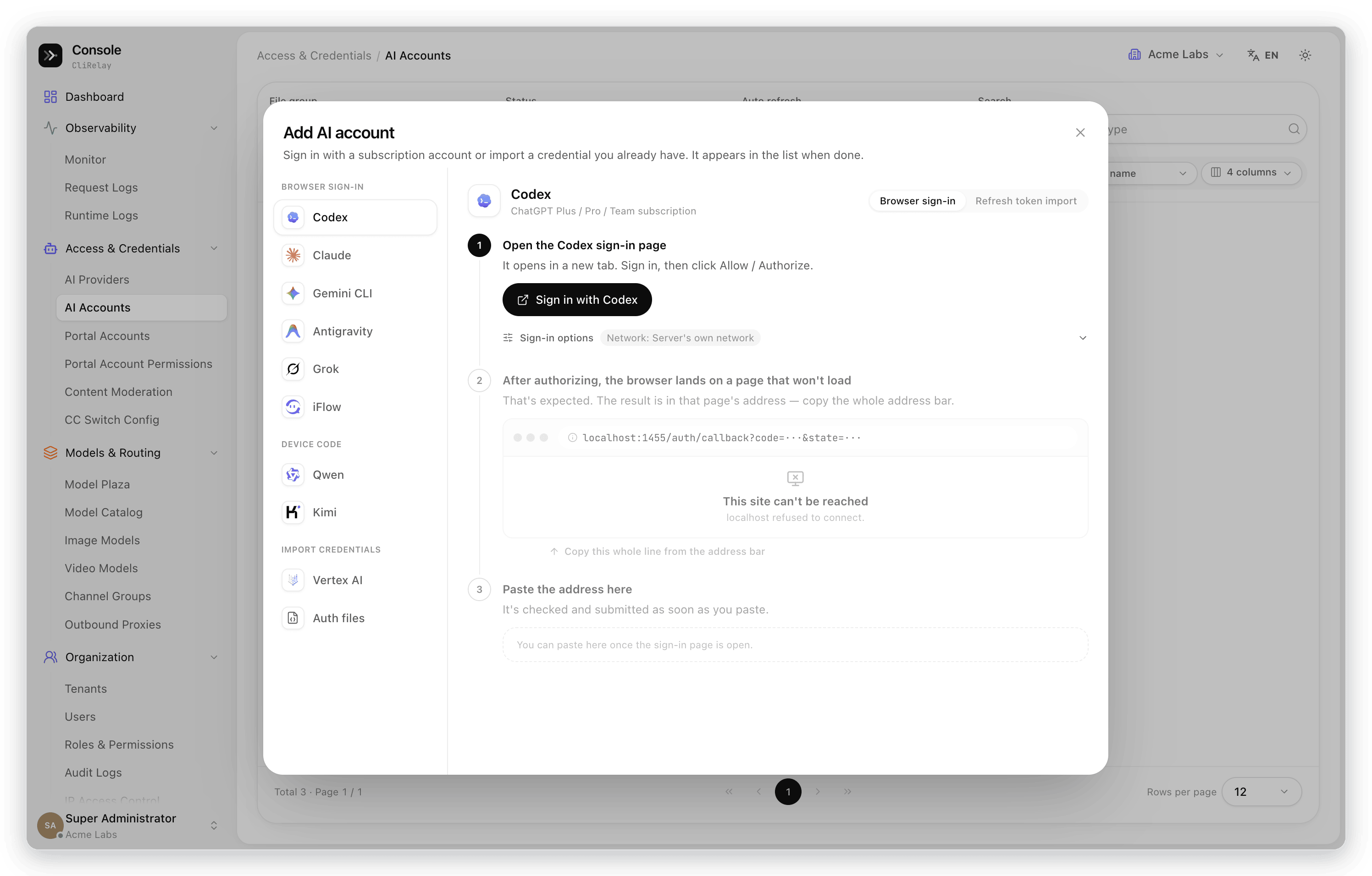 Add AI account dialog grouped by browser sign-in, device code and credential import