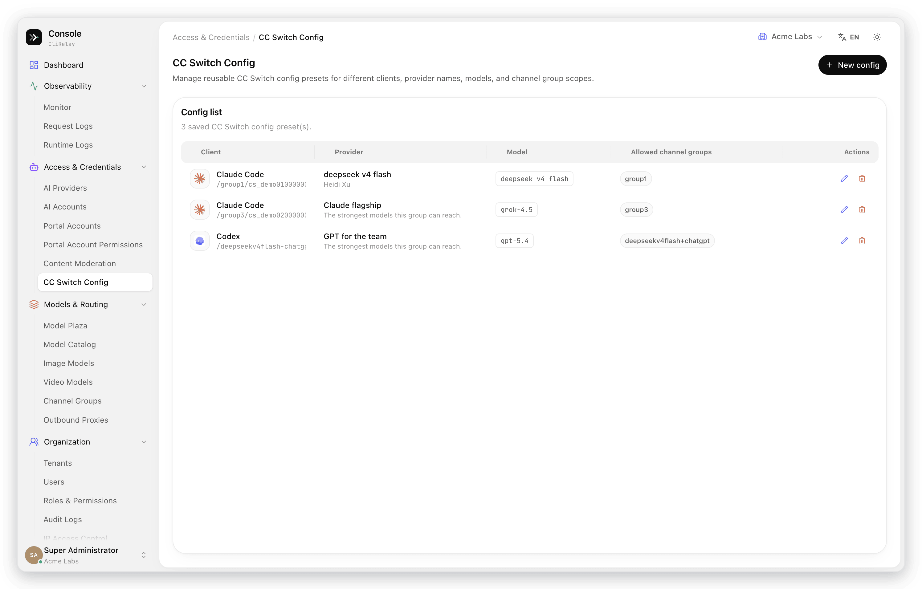 CC Switch presets per client with model and channel group
