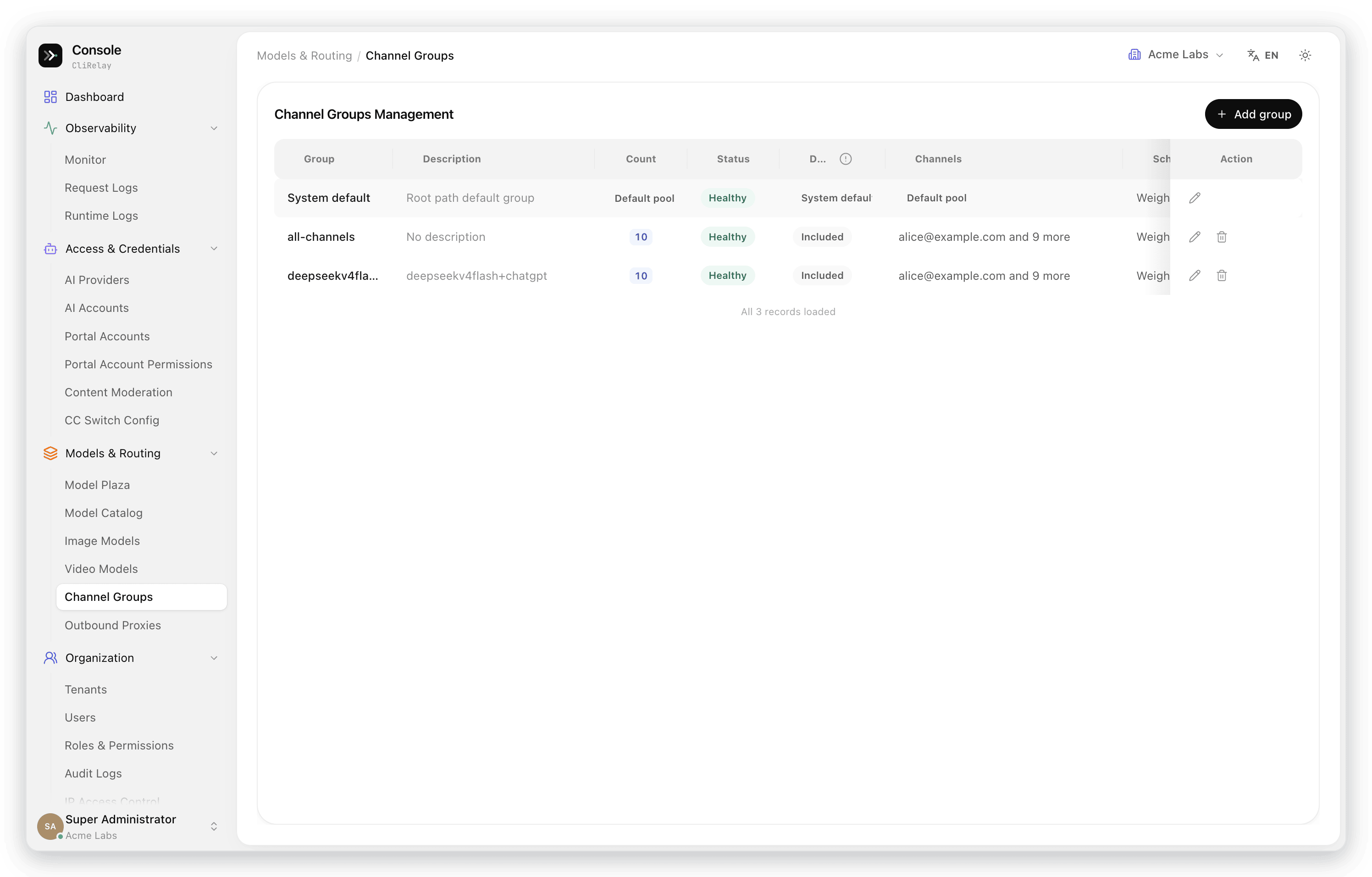 Channel groups with health, members and scheduling