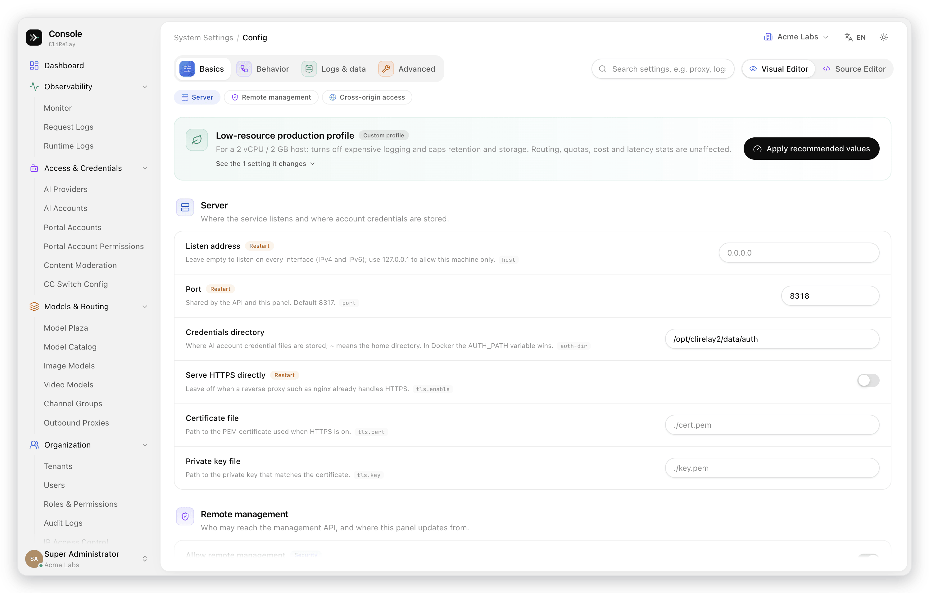 Config page with group tabs, section chips and the low-resource profile