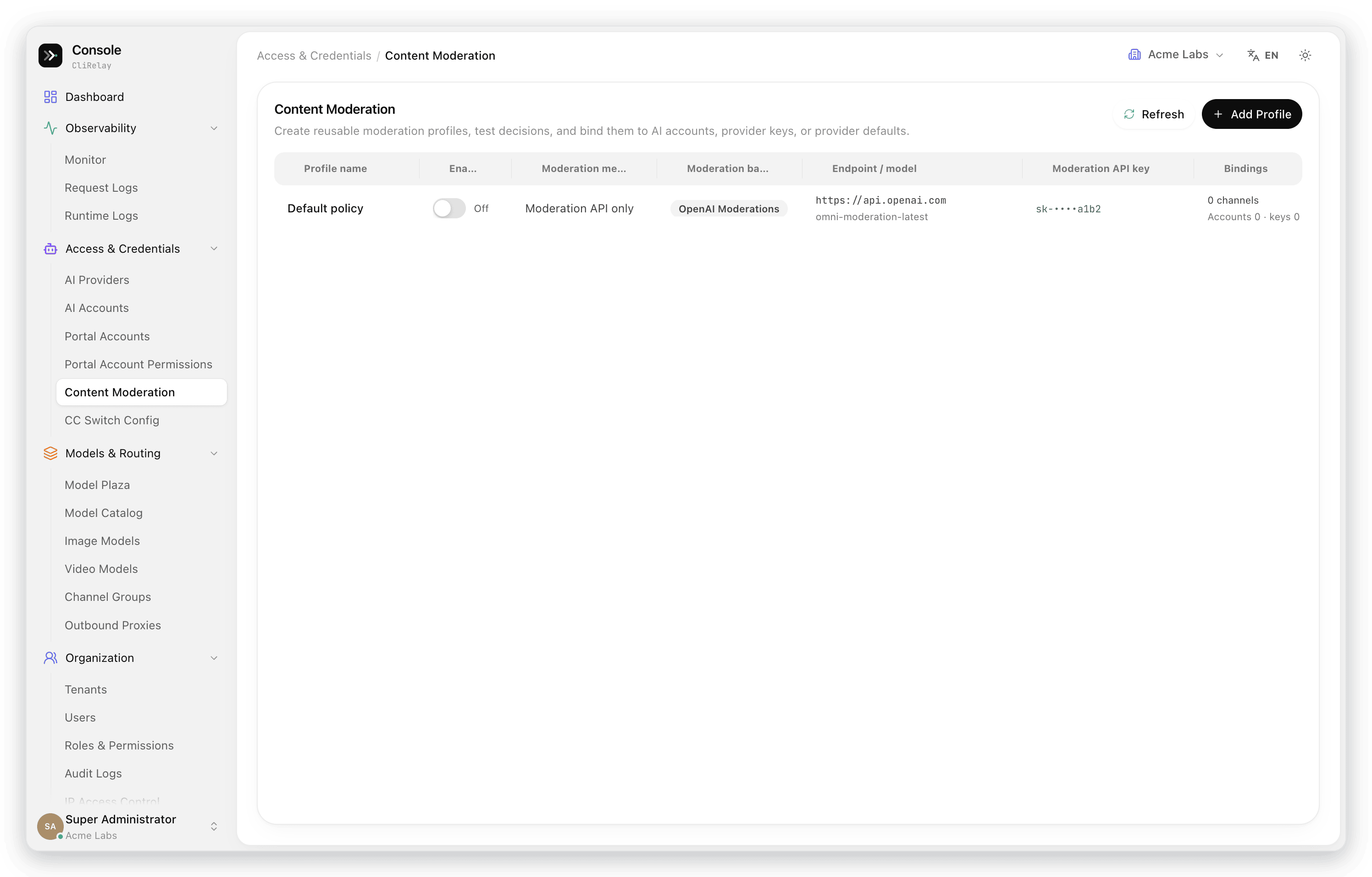 Moderation profiles bound to accounts, keys or provider defaults