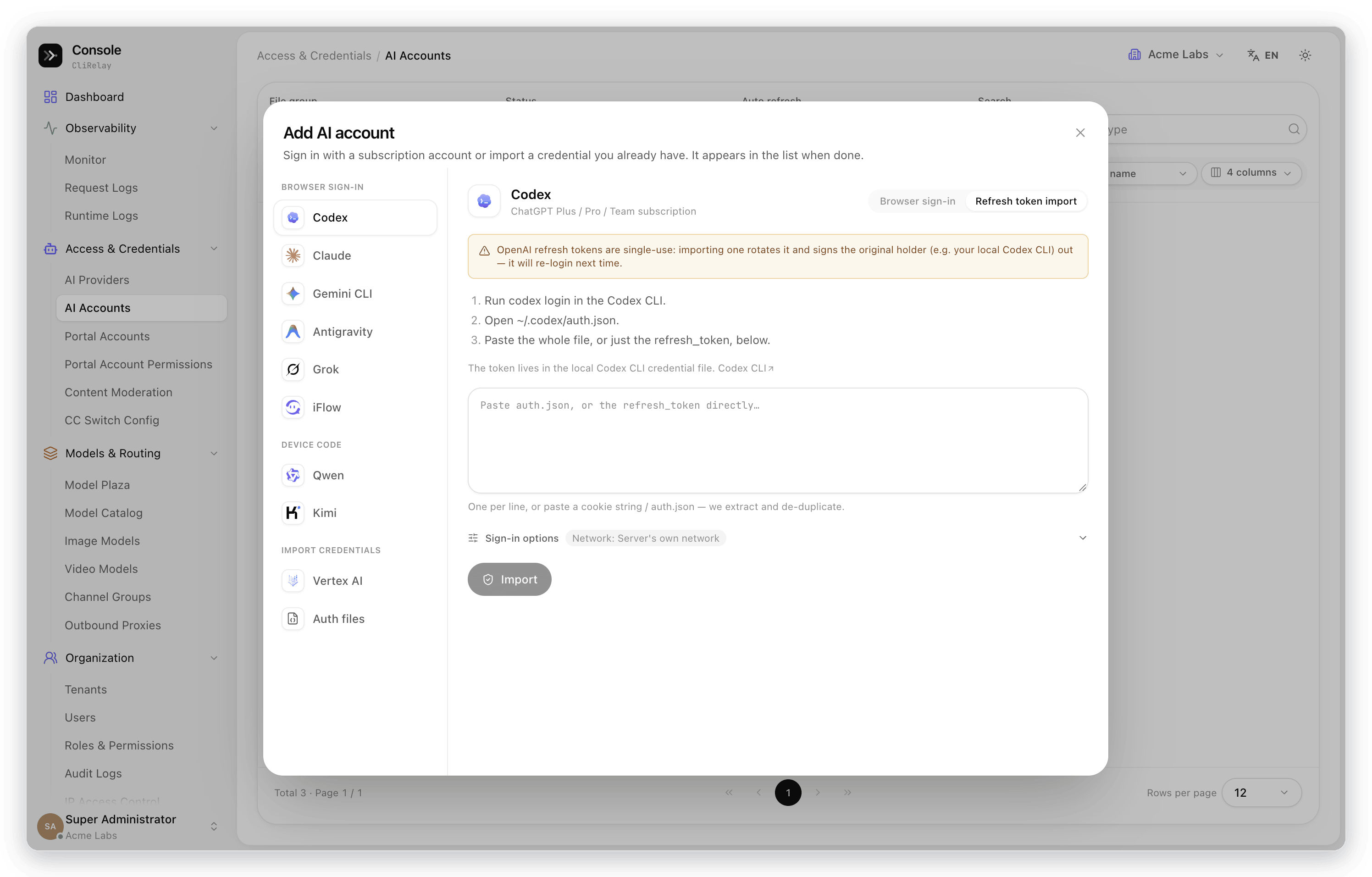Refresh token import with risk notice, steps and bulk paste