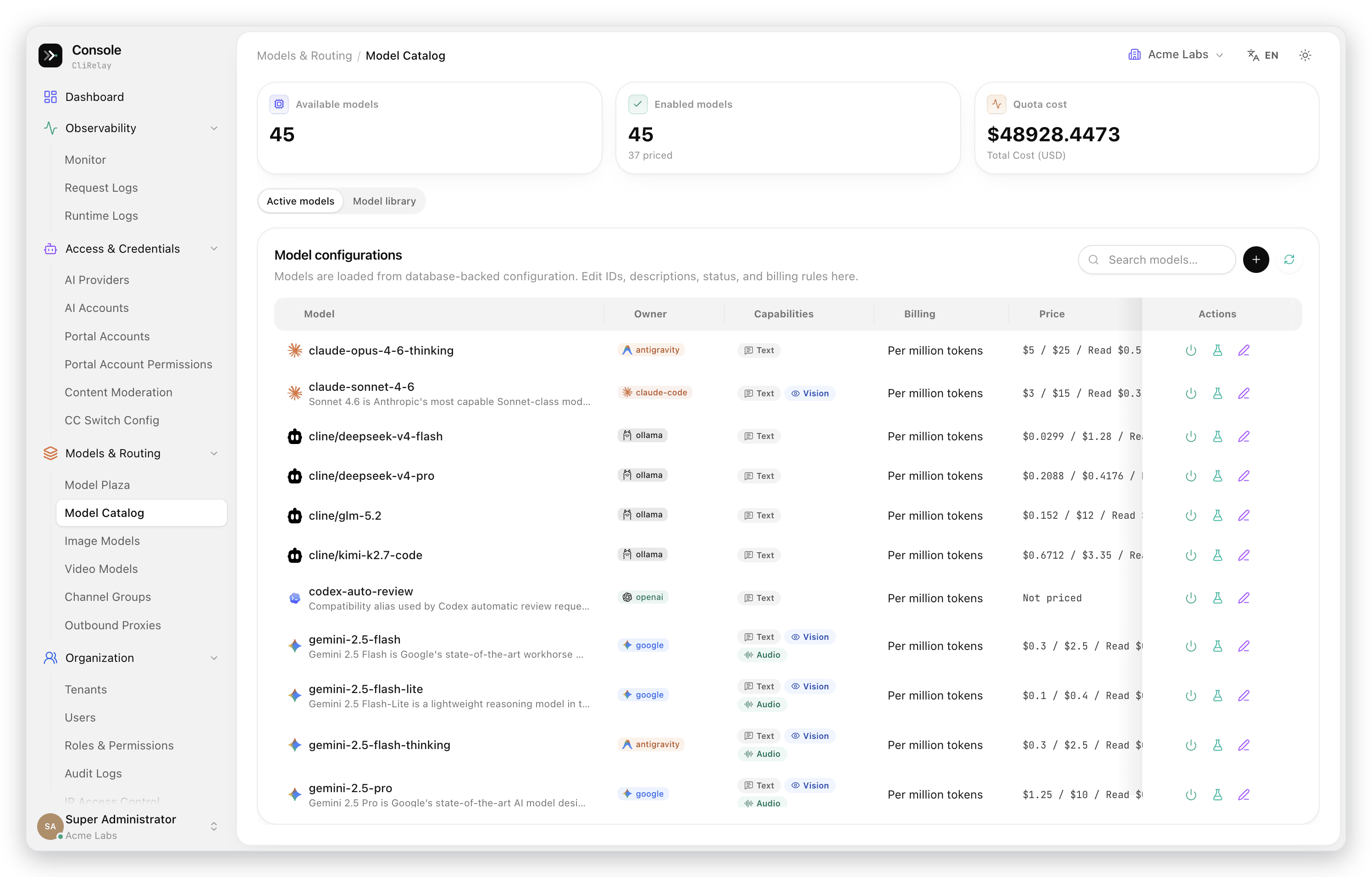 Model catalog with owner, capabilities, billing and price