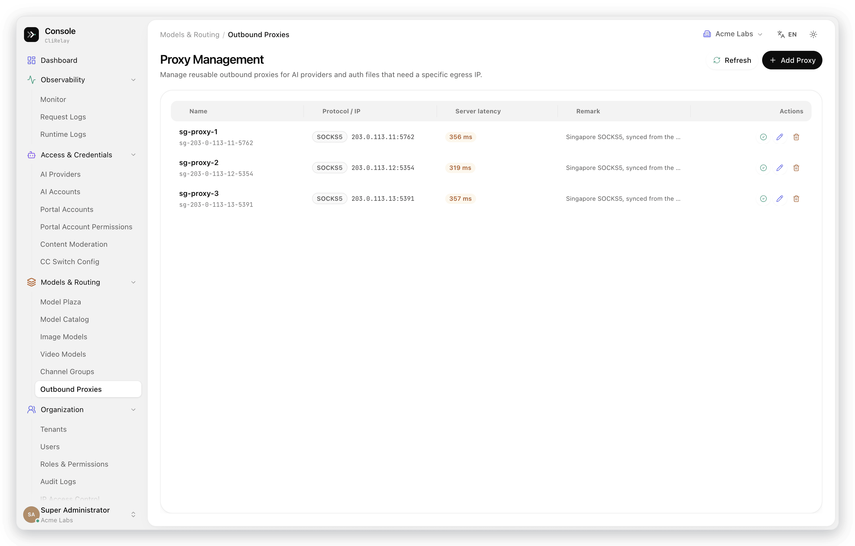 Reusable outbound proxy pool with latency probes