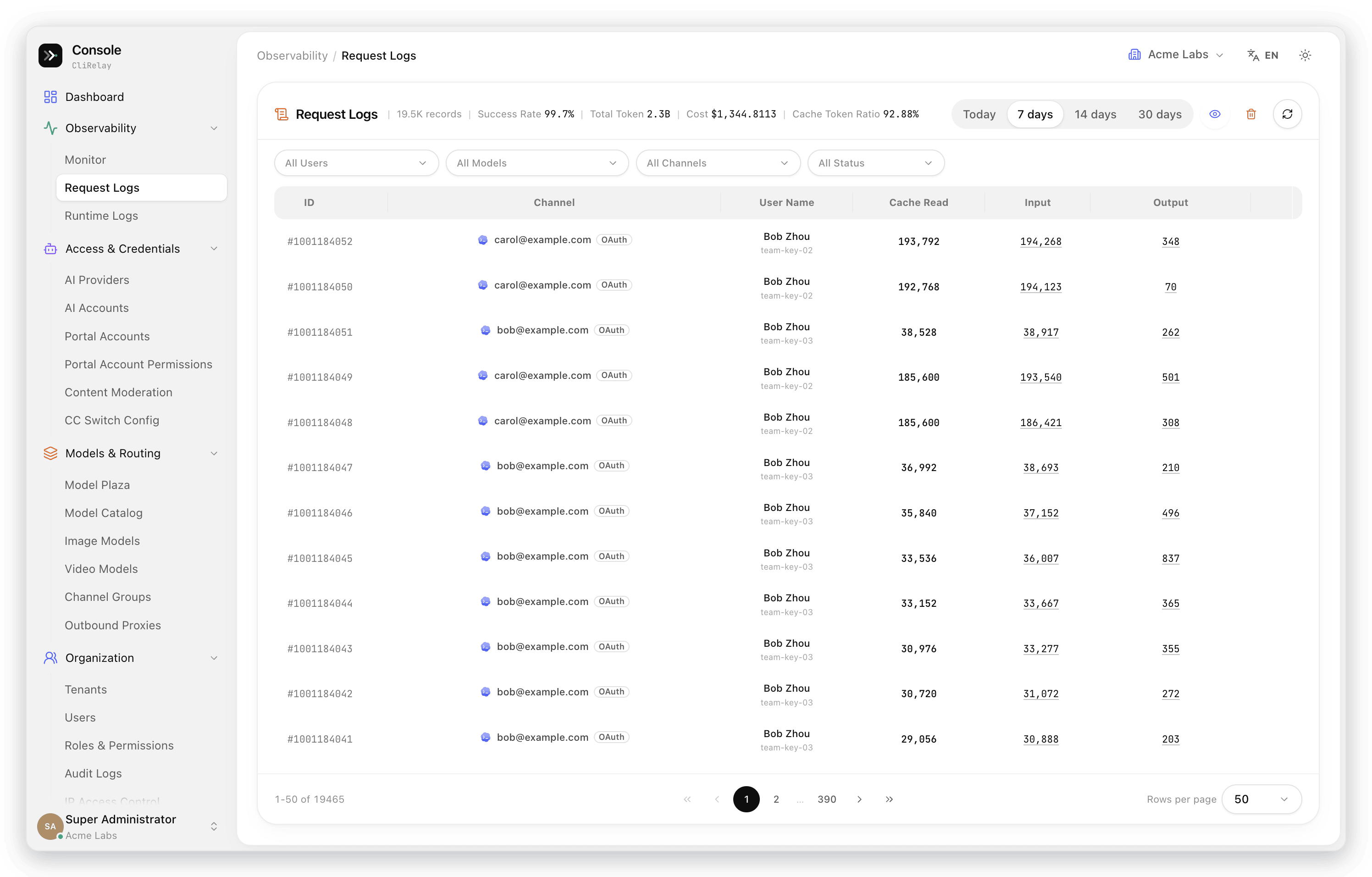 Request log table with channel, user, cache and token columns