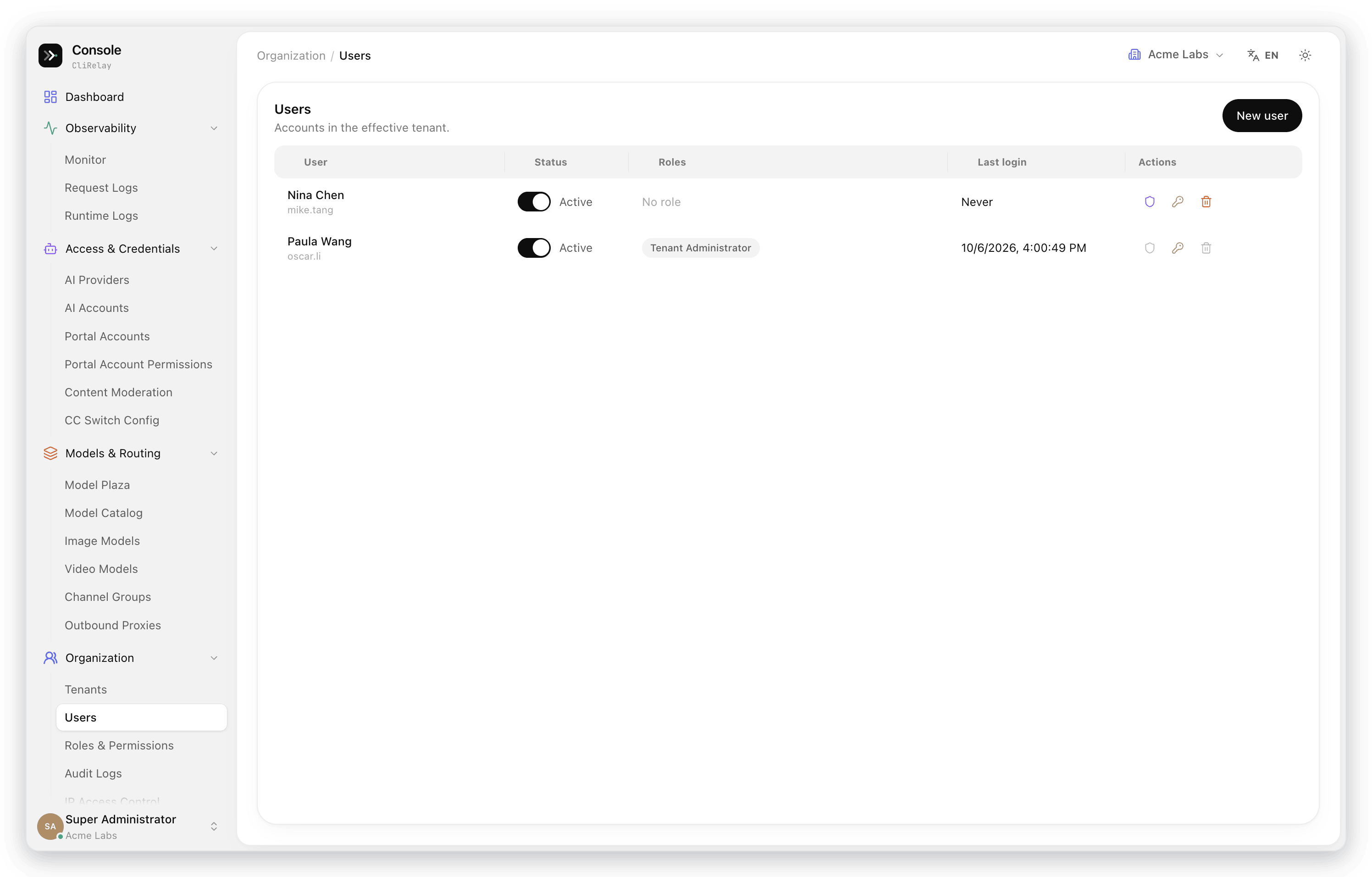 Users inside the effective tenant with roles and last sign-in