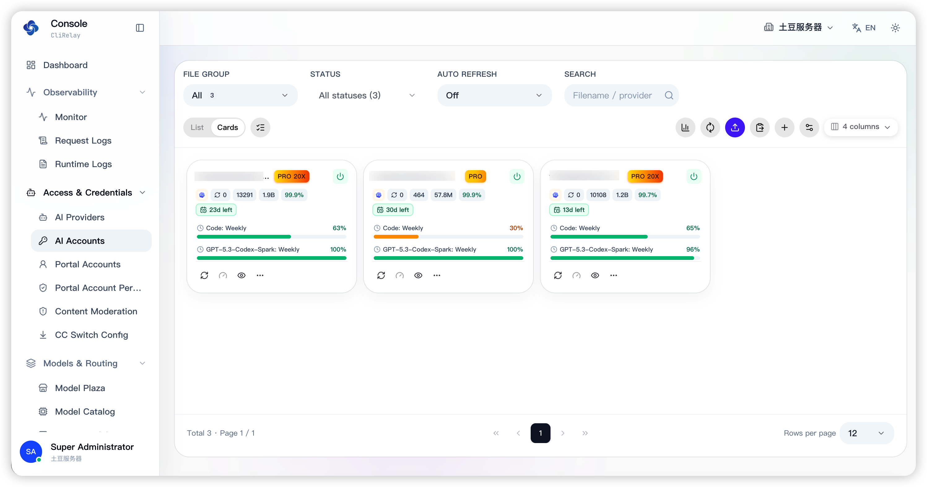 AI account cards with quota windows and health