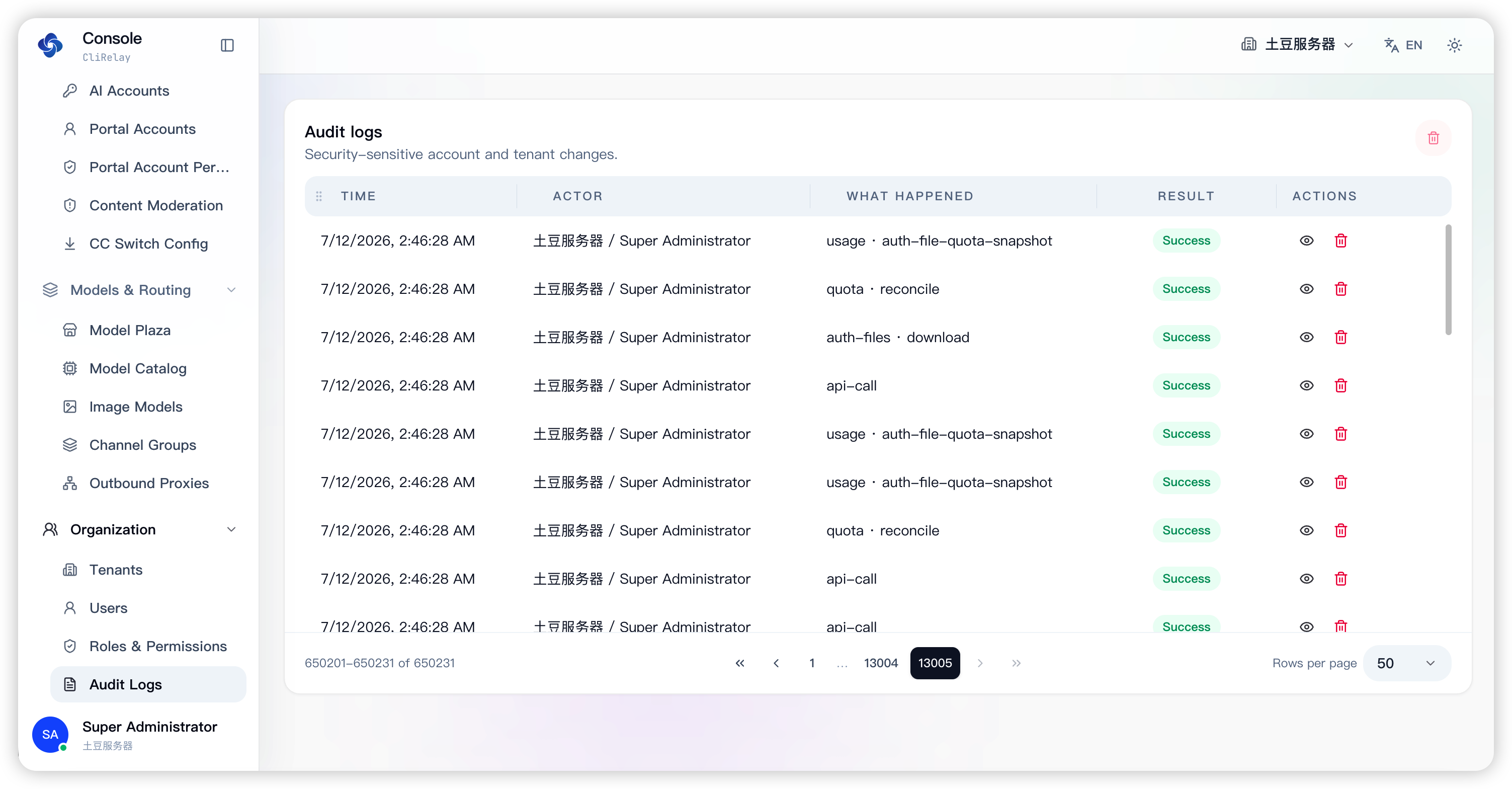 Audit trail of security-sensitive account and tenant changes