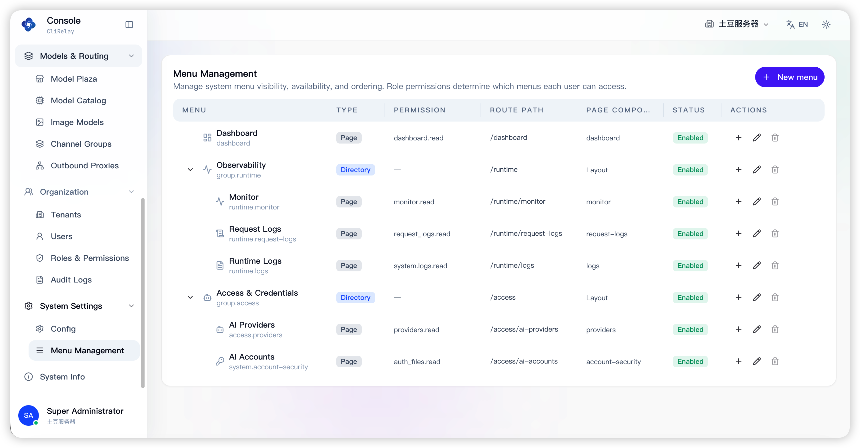Menu visibility, ordering and required permission per entry