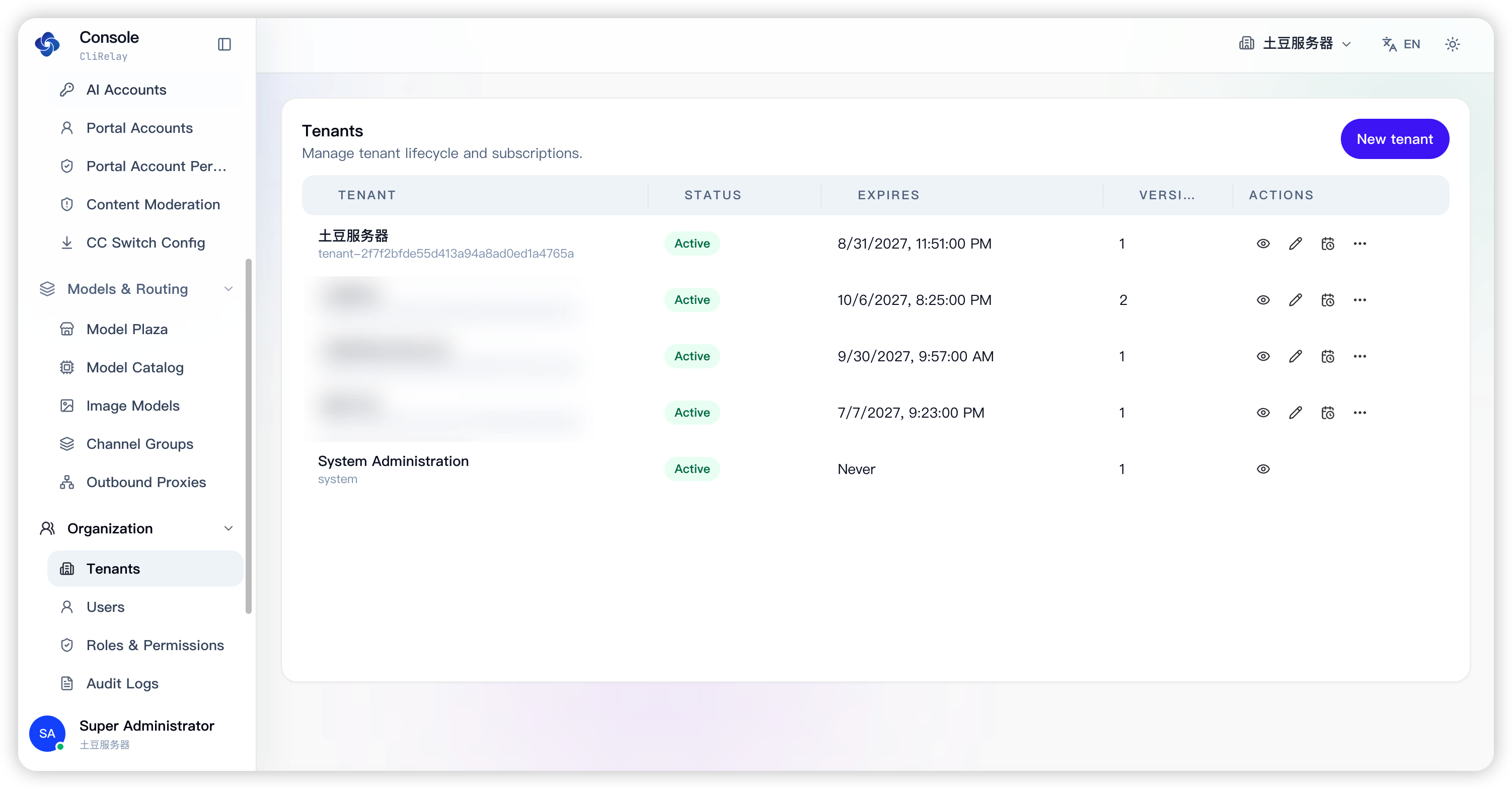 Tenant list with lifecycle and expiry