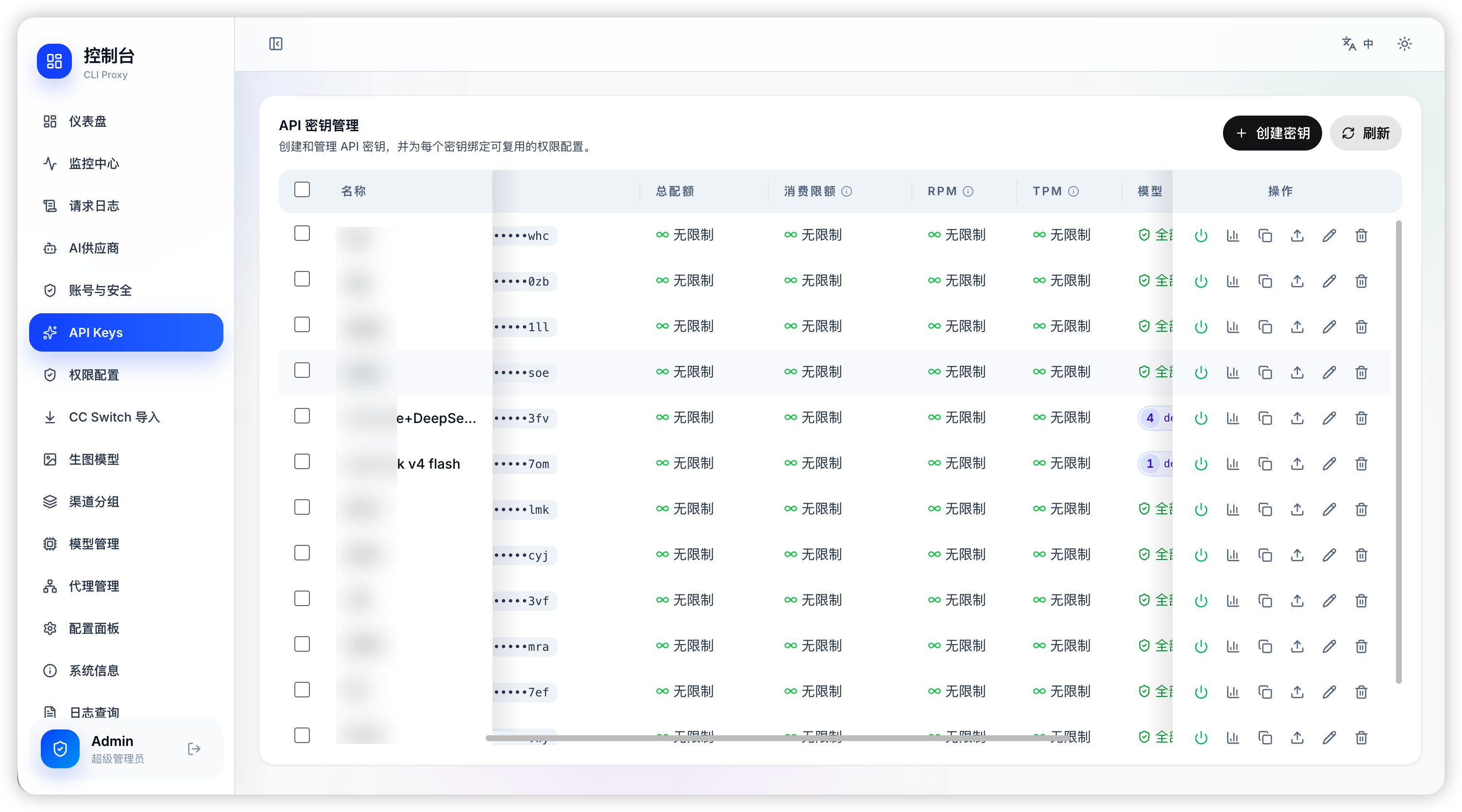 API key management table