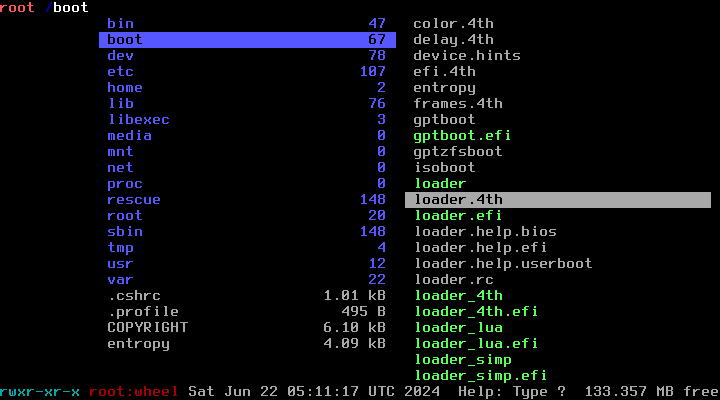 fen running on FreeBSD, showing the root file system