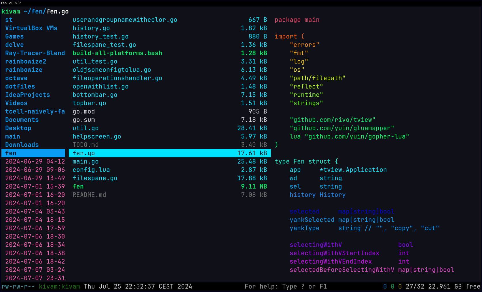 fen running on Linux, with the file preview script rainbow.lua