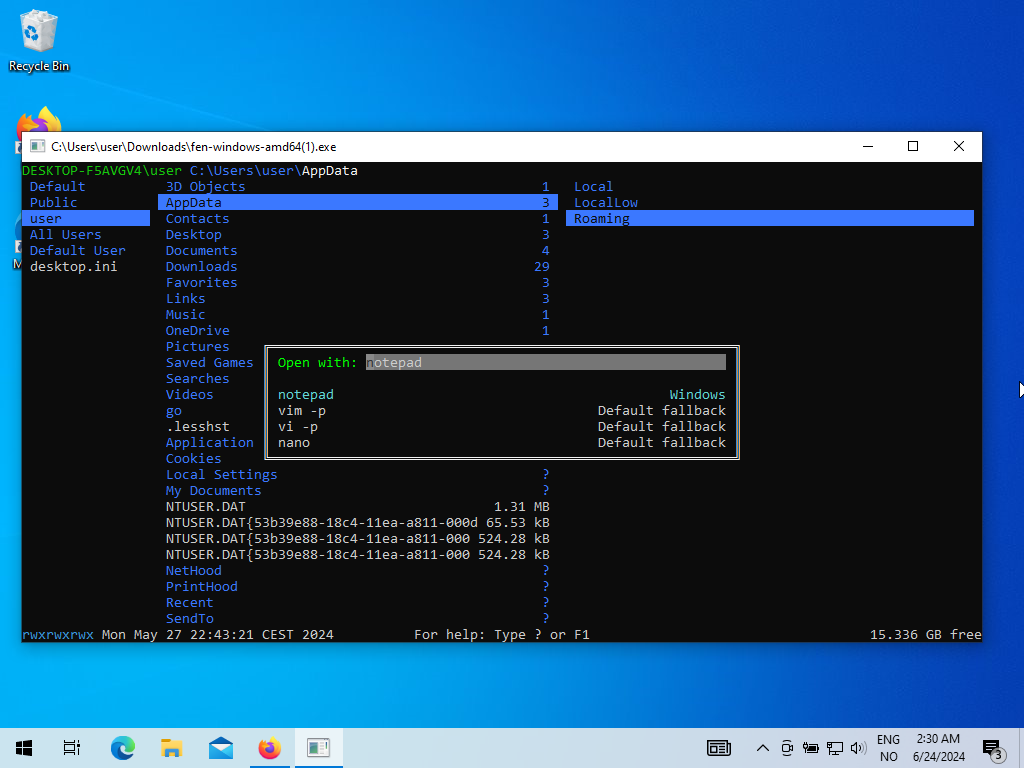fen running on Windows, showing the open-with modal