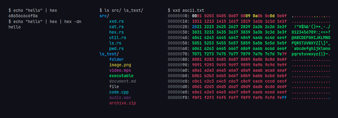 hex, ls and xxd utilities