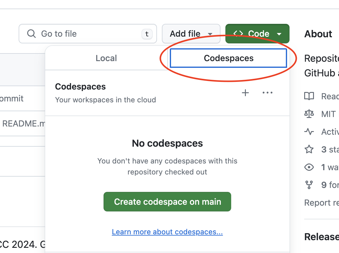 Screenshot showing where to click on codespaces