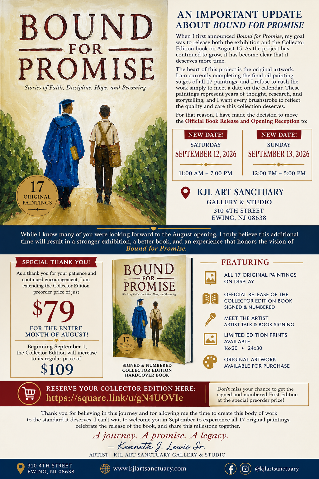 Bound for Promise exhibition and book release flyer featuring artwork by Kenneth J. Lewis Sr.