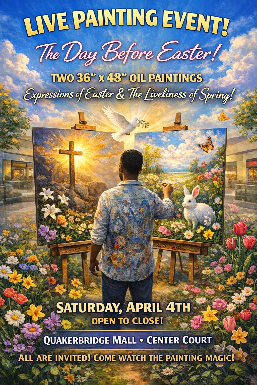 Live Easter painting event flyer for Artist Kenneth J Lewis Sr at Quaker Bridge Mall Center Court on April 4, 2026