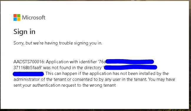 AADSTS700016, App not found