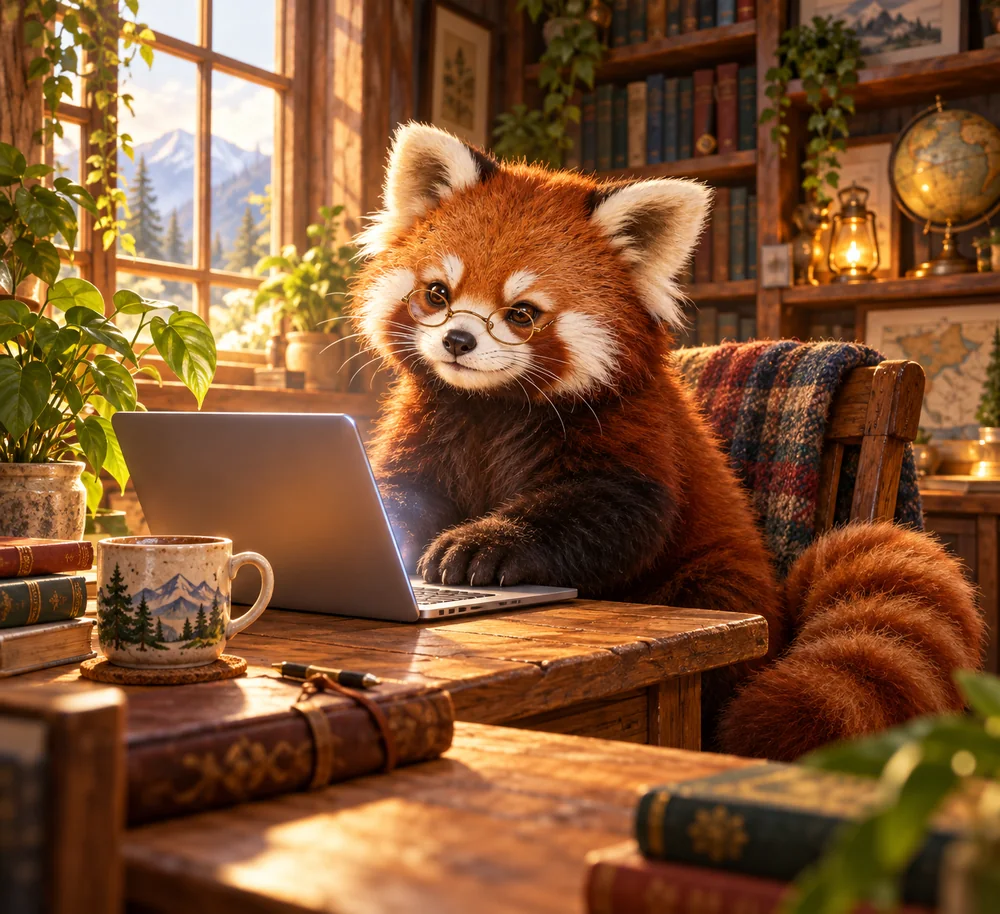 A red panda with round glasses using a laptop