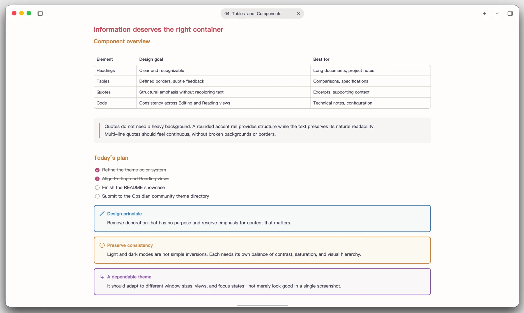 Tables, quotes, task lists, and callouts in ObOrange