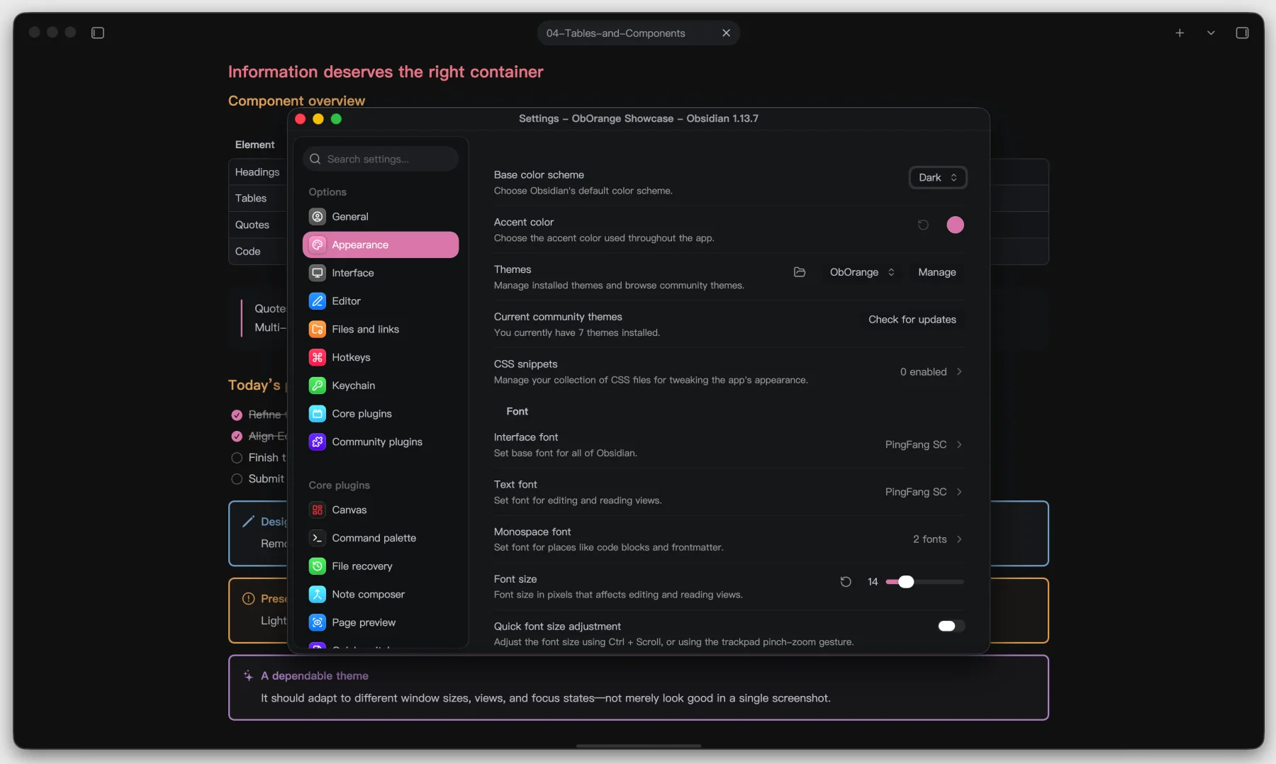 ObOrange Appearance settings in dark mode