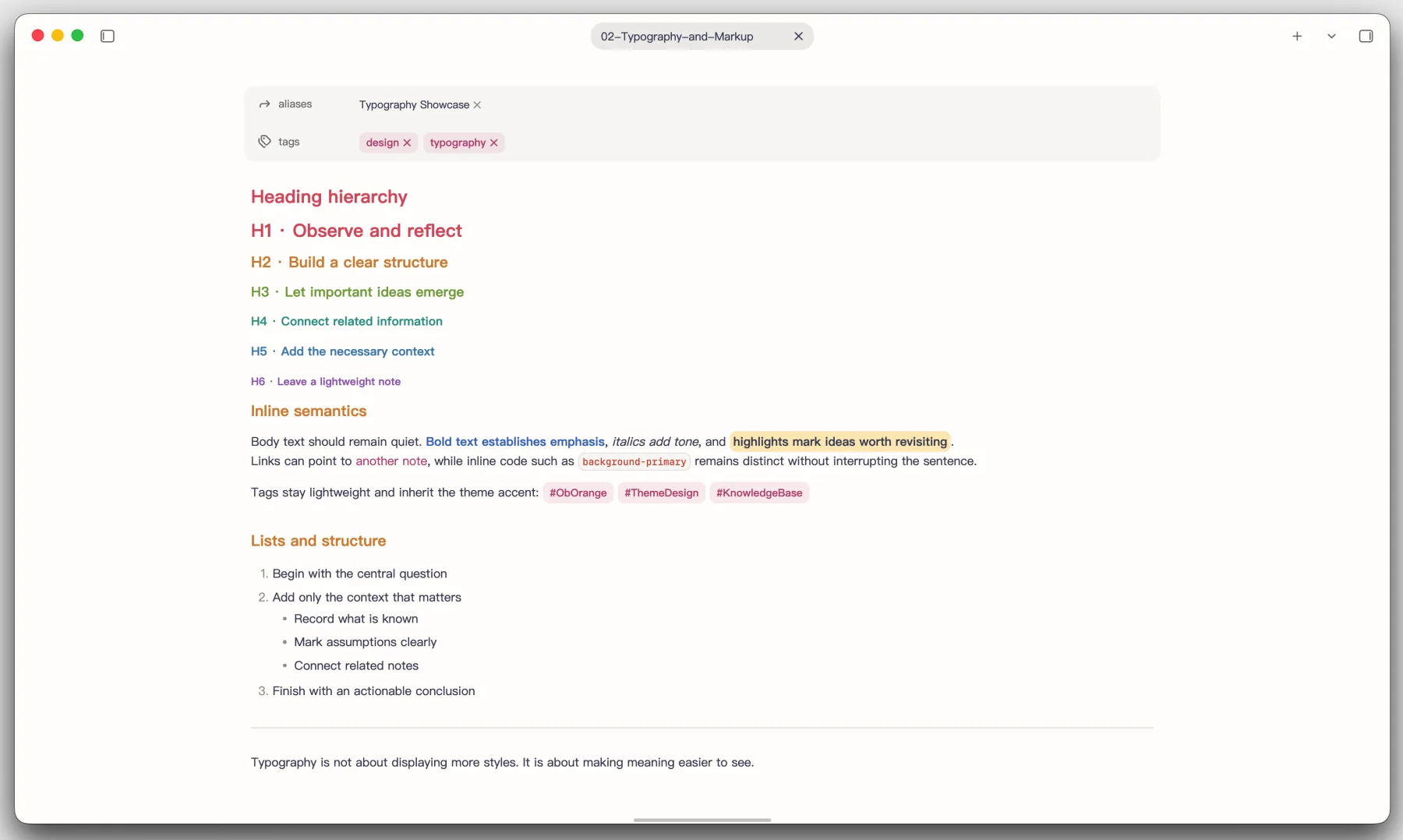 ObOrange heading hierarchy and inline Markdown styles