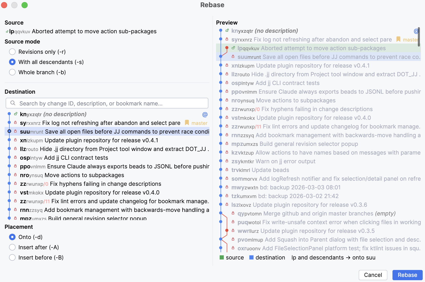 Rebase dialog with live preview