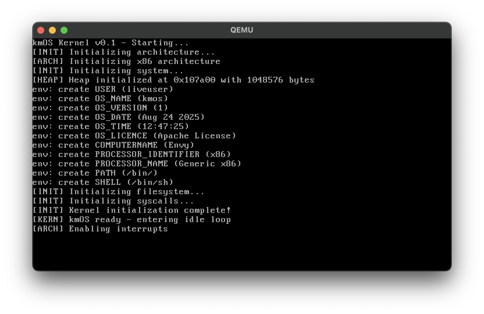 kmOS v0.1 Boot Screen
