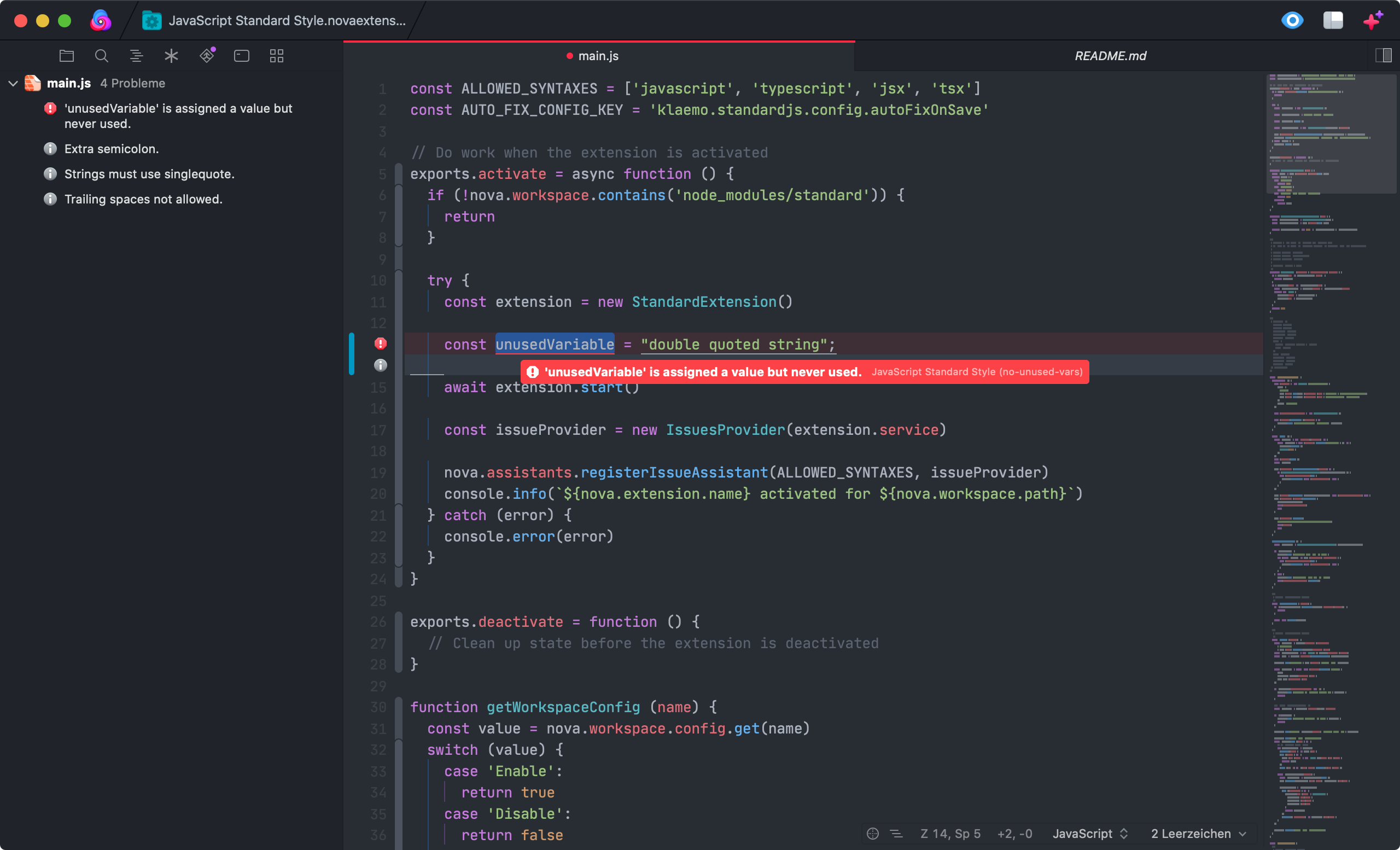 Screenshot of Nova.app running the JavaScript Standard Style extension