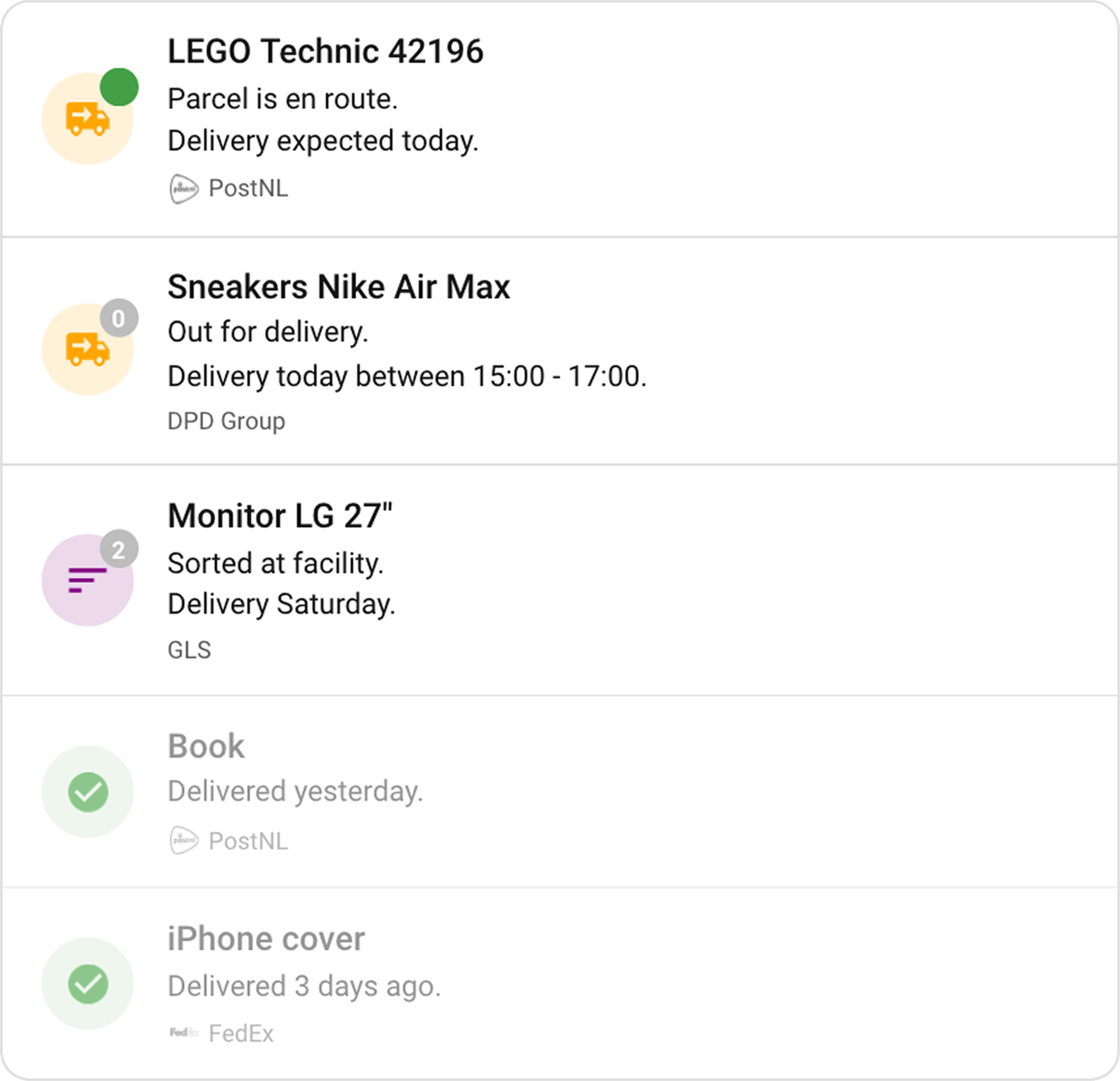 Dashboard cards - Home Assistant parcel integrations